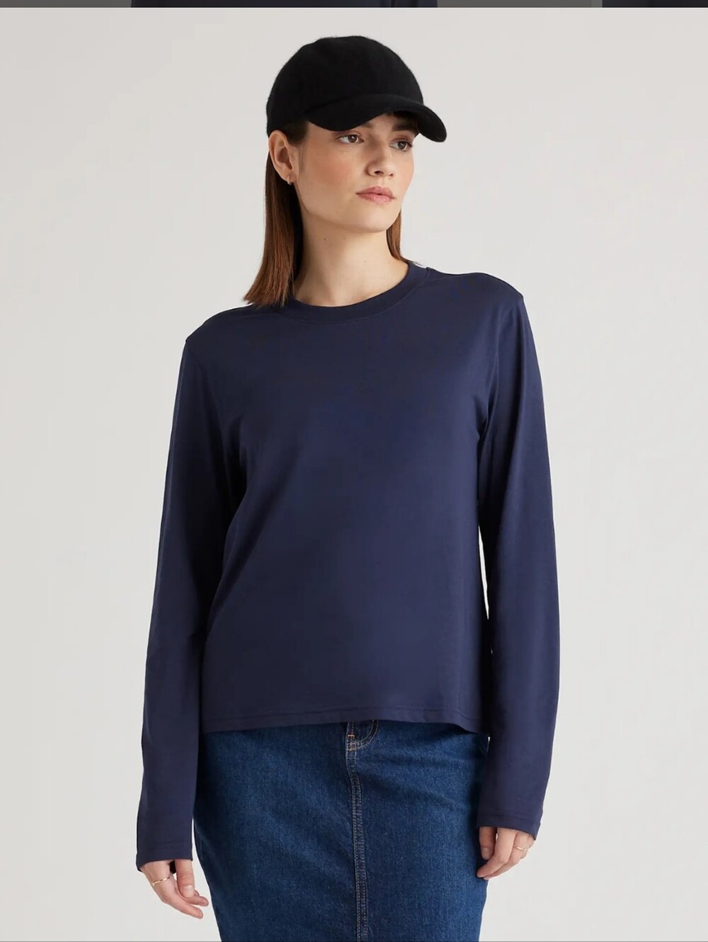 Quince Cotton Modal Relaxed Long Sleeve Tee Shirt Top Navy Blue Medium